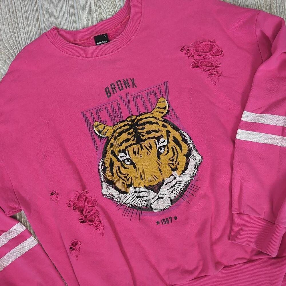Gina Tricot Womens Size Large Bronx NY Sweatshirt Pink Tiger Graphic Pullover